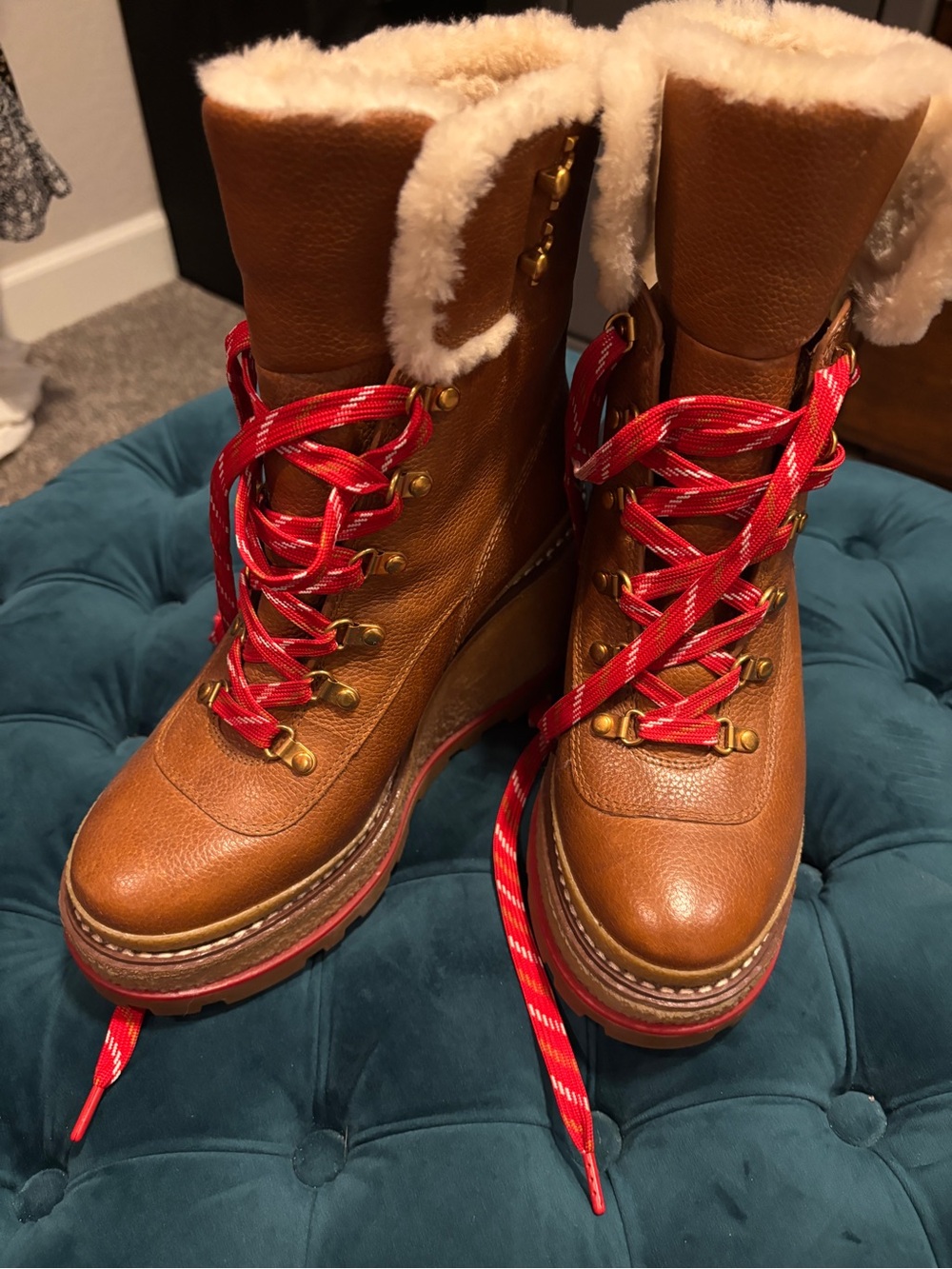 Tory Burch Wedge Leather Shearling-Lined Winter Boot with Red Laces